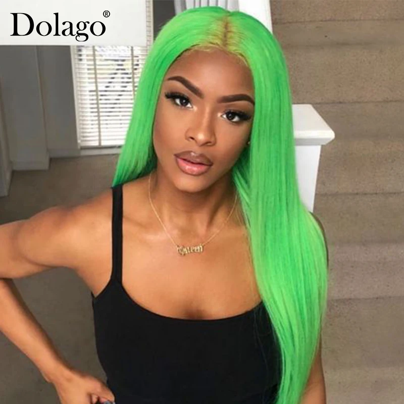 Цветной розовый парик из натуральных волос на кружеве для женщин 13X4 150% плотность синий зеленый парики из натуральных волос предварительно выщипанный цветной Dolago парик Remy - Цвет волос: Green