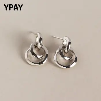 

YPAY 100% Real 925 Silver Stud Earrings Fine Jewelry For Women Korean Minimal Geometric Circle Hollow Round Brinco Gift YME458