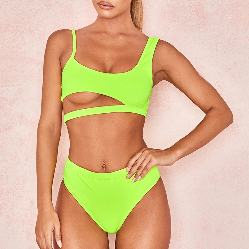 Neon Green Bikini 2020 Sexy High Cut Swimwear Women Swimsuit Irregular Swimming Bathing Suit for Women Two Piece Biquinis Solid leopard bikini set