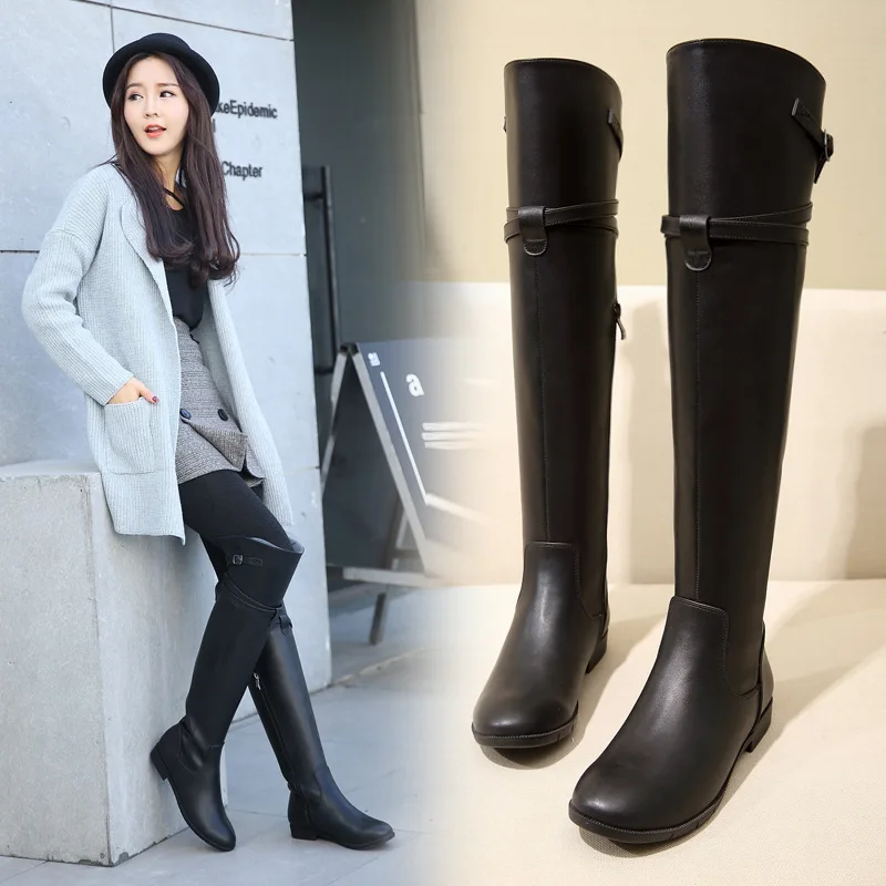 Women's flat boots autumn and winter new leather over the knee boots black knight boots high boots full leather boots