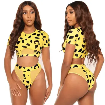 

Short Sleeve Mesh Inserted Swimsuit High Waisted Swimwear 2020 New Separate Women's Two-piece Swimming Suit Female Bikinis Set