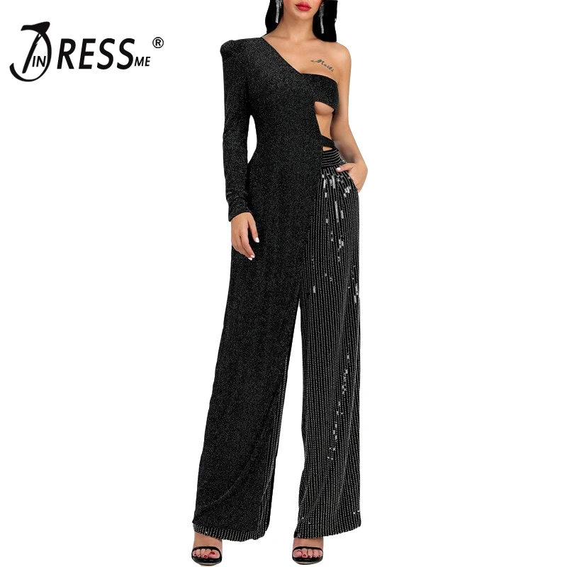 

INDRESSME 2019 New Fashion Sexy 2 Two-Piece Sets One Shoulder Hollow Out Long Crop Top Sequined Loose Pants Women Party Jumpsuit