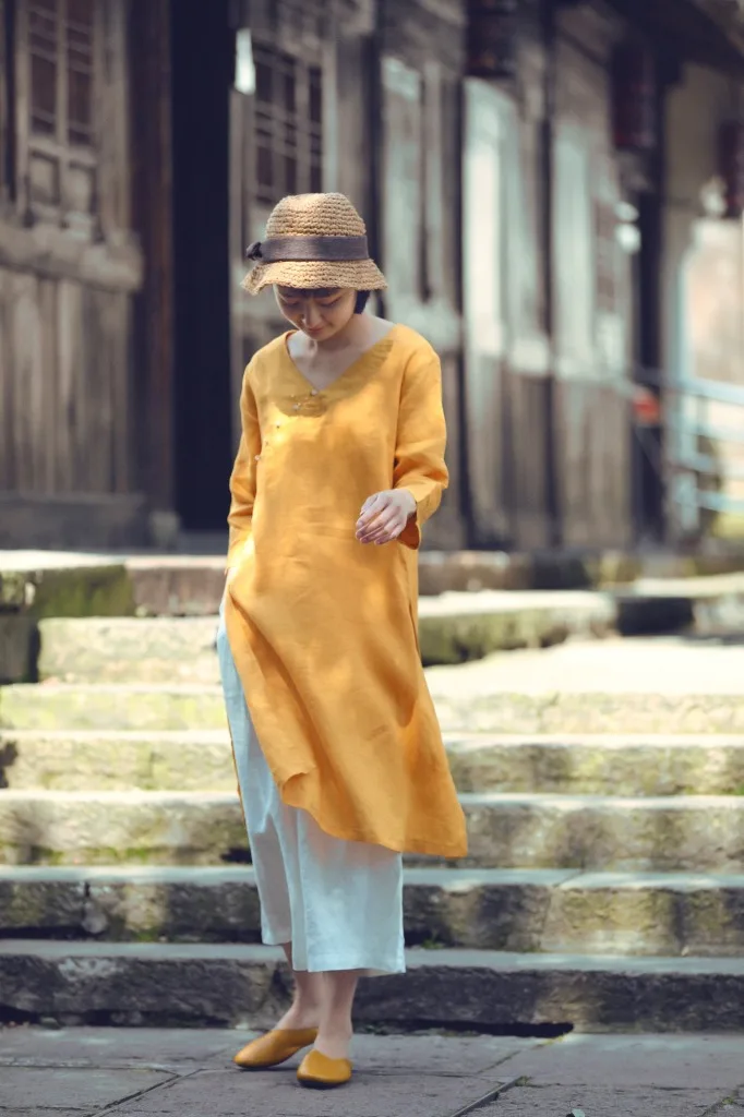 Y757 летнее улучшенное Xie Jin Cheongsam платье с высоким разрезом yu kou v-образным вырезом свободное и женское платье дзен большого размера