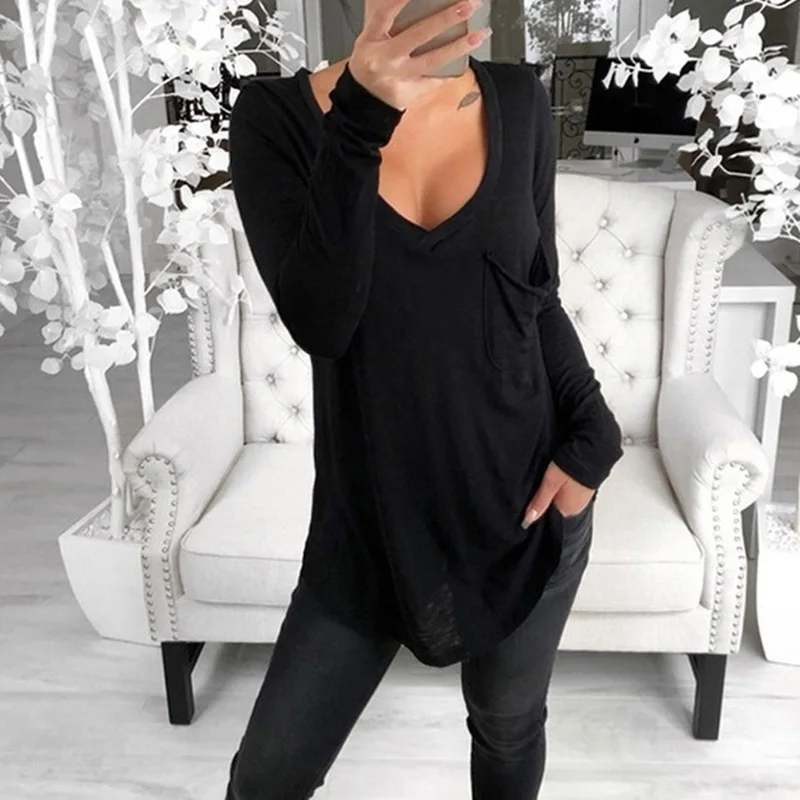 

2019 New Autumn Loose Slim Fit Breathable Pocket Solid Color Tops Women's Fashion Sexy Deep V-neck Low Chest Sleeve T-shirts