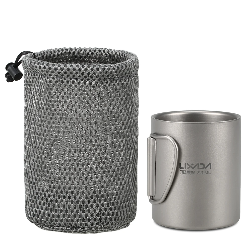 Lixada Camping Titanium Mug Double Wall Titanium Mug Outdoor Picnic Cookware Coffee Water Mug with Foldable Handle 50ML-750ML 2