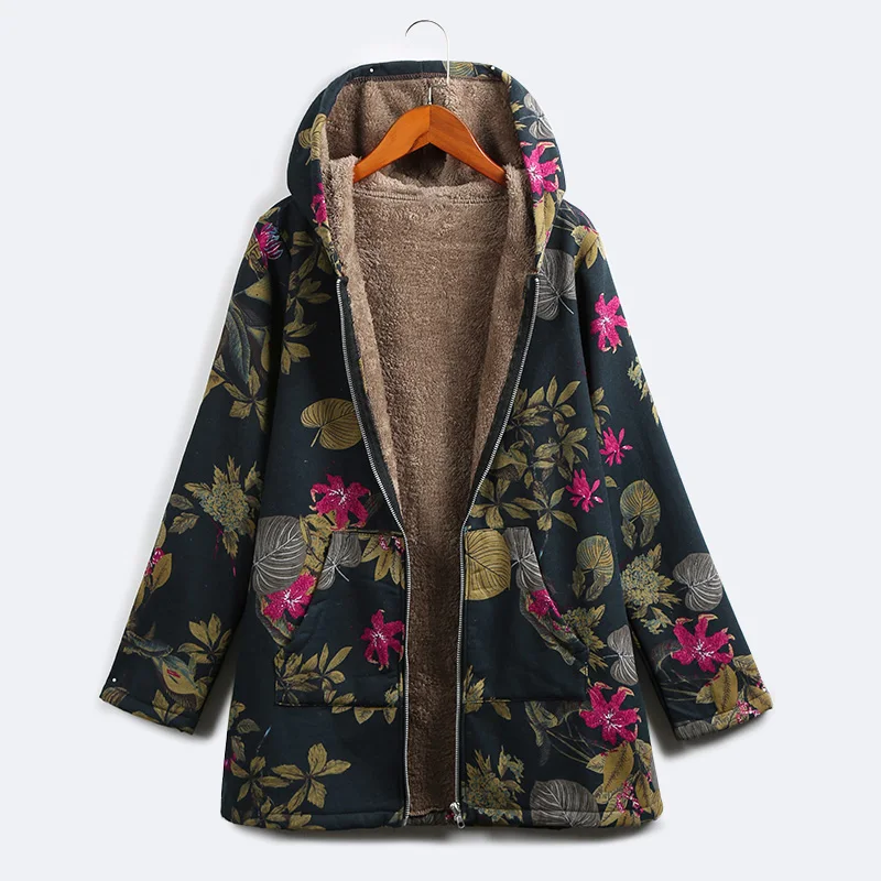 EaseHut 5XL плюс размер женские осенние парки Пальто винтажная Цветочная печать тонкая флисовая зимняя куртка женская с капюшоном теплая уличная