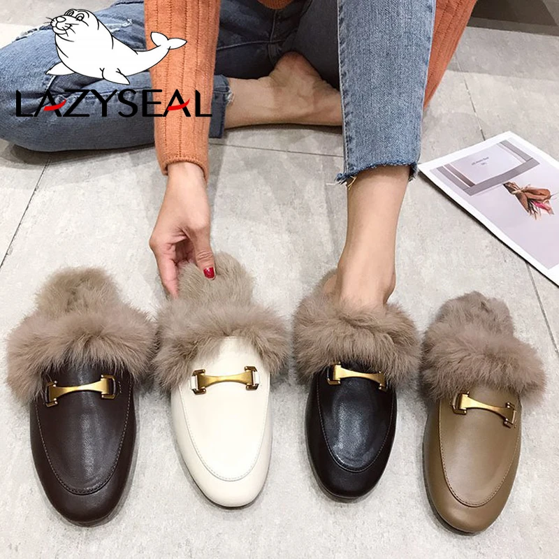 Новые зимние мюли LazySeal из натурального меха с металлической пряжкой женская