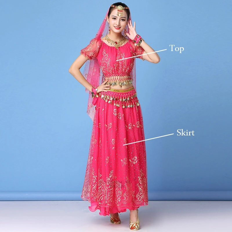2pcs-rose Болливуд платье костюм Женский индийский танец набор Танец живота Сари одежда танец живота представление одежда шифон танец набор - Цвет: 2pcs-rose