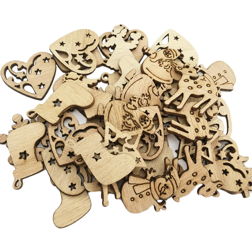 

50/100Pcs DIY Natural Wooden Chip Christmas Tree Hanging Ornaments Pendant Kids Gifts Snowman Shape Xmas Home Decorations