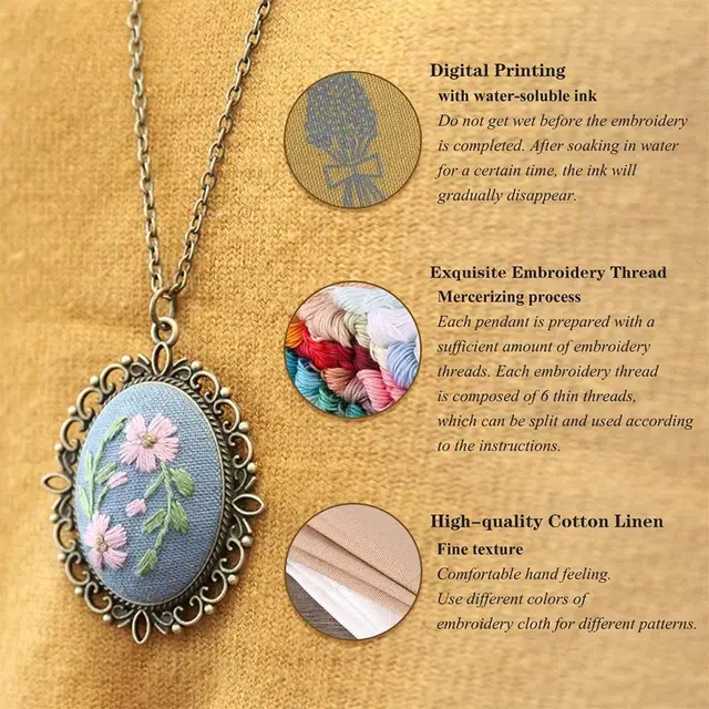 Ready to Ship: Hand Embroidered Wildflowers Necklace, Boho Embroidery Round Pendant Statement Jewelry, Mother's Day Gift