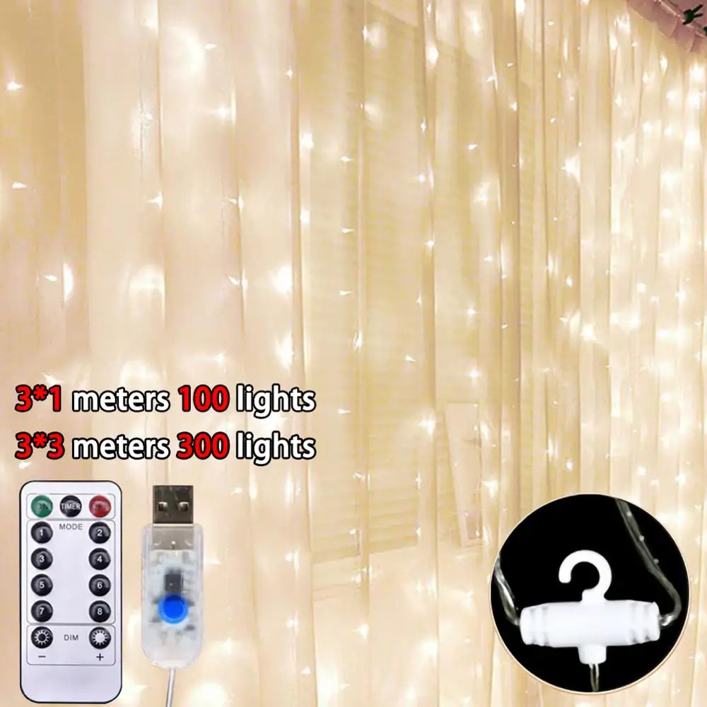 100/300 светодиодный светильник-гирлянда, занавес, лампа с USB пультом дистанционного управления, медный провод, светильник для комнаты, праздника, свадьбы, Рождества, Настенный декор - Испускаемый цвет: White