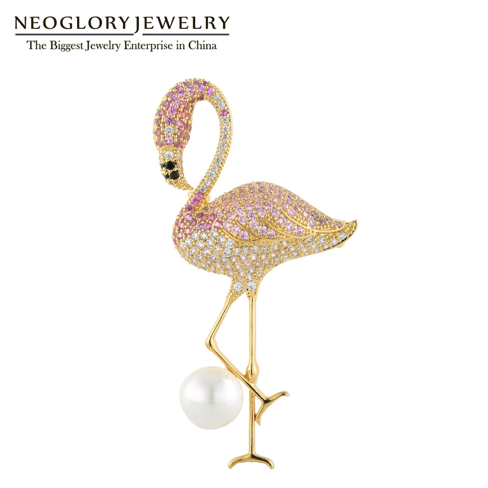 Neoglory Elegant Flamingo Bird Brooch For Women Shell Pearl & Cubic Zircon Golden Vivid Coat Pins Mother‘s Day Gifts | Украшения и