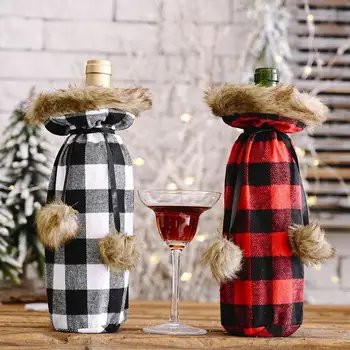 

Wine Bottle Bag Christmas Knitting Package Decoration Plaid Christmas Cover Check Atmosphere Pompom Contrast White Black Bo S5L1