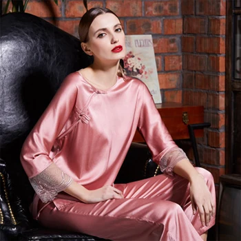 

New summer 100 pure silk pajamas Women nightGown suit ladies long-sleeved trousers two-piece blue Pink Red
