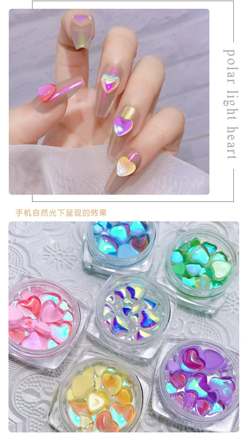 FlorVida 20pcs Sweet Heart Mermaid Rhinestone Beads Holographic Crystal Gems Stones For Nail Art Decorations Mix Size Box Kawaii