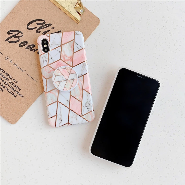 Розовый клетчатый мраморный чехол для iPhone X XR XSMAX чехол для iPhone 6 7 8 Plus забавные Соединенные геометрические фигуры чехлы с кольцом