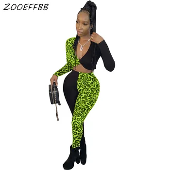 

ZKYZWX Sexy Leopard 2 Piece Outfits for Women Matching Sets Tracksuit Rave Clothes Crop Top and Pant Sweat Suits Two Piece Set