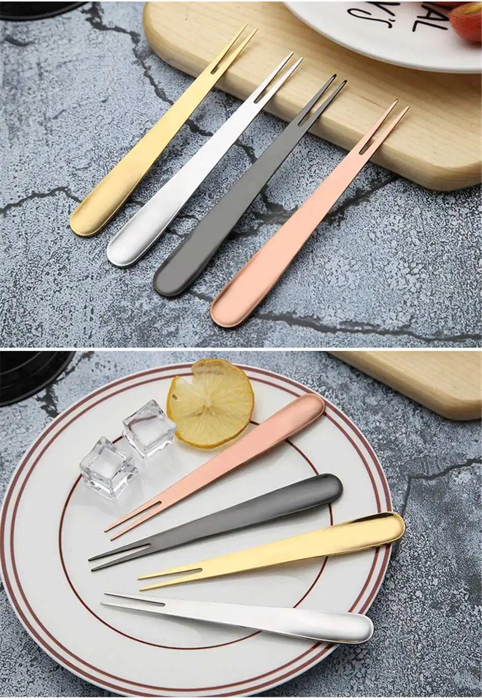 5 Pcs Creative Stainless Steel Fruits Fork Spoon Multifunction Electroplate Golden Spoon Dessert Fruits Cark Fork Kichen Bento