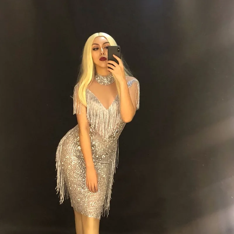 

Party SleevelessTassel Outfit Women Sexy Mesh See Through Fringe Dress Sparkly Crystal Birthday Celebrate Dresses Evening Prom