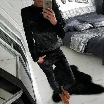 

Summer Fashion Suit Sweater Set Women Loose Simple Solid Color Round Collar Sweater + Casual Slim Pants 2019