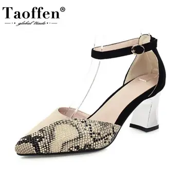 

Taoffen Summer Women Shoes Fashion Pointed Toe Sandals Thick High Heels Shoes Sexy Snakeskin Buckle Lady Footwear Size 31-48