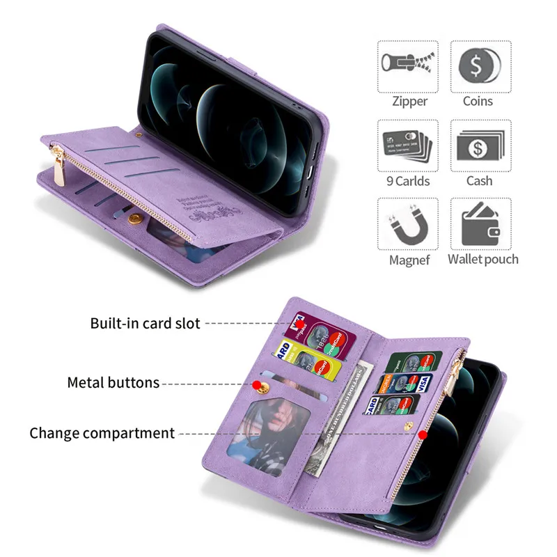 Luxury Leather Zipper Case for iPhone 13 12 11 Pro Max XS XR 7 8 Plus SE 2020 6 6S Mini Wallet Cover Multi Card Slots Phone Bag