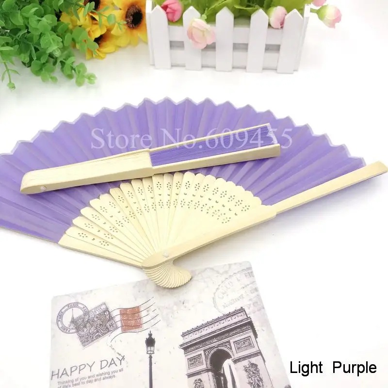 light purple 90 шт./лот индивидуальный вентилятор из шелковой ткани персонализированные свадебные складные веер ручной работы вечерние подарки для гостей - Цвет: light purple