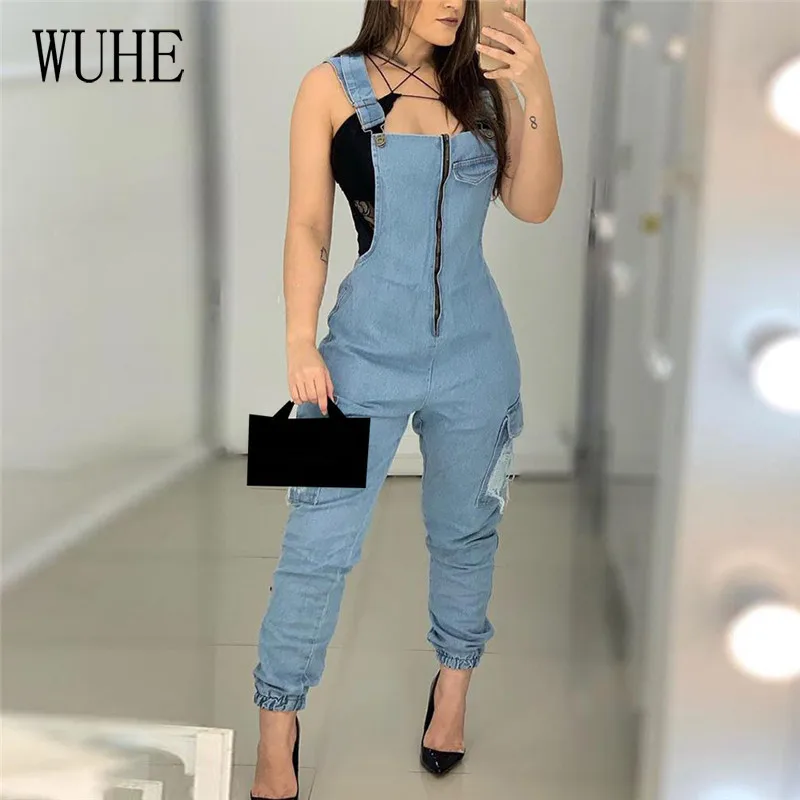 

WUHE Women Denim Zip Front Suspender Jeans Jumpsuit Casual Slim Button Bodysuit High Street Autumn Casual Working Clothes