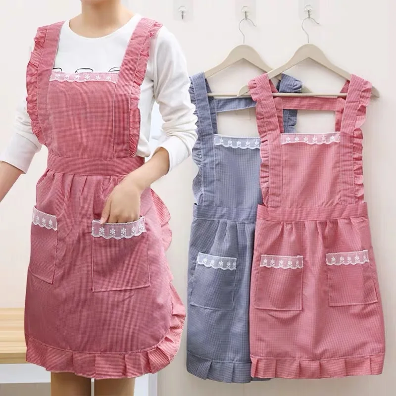 NEW Cute Korea Style Waterproof Grease Proofing Apron Uniform For Girl Women Lolita Style In Kitchen Nanny Clothes Pink