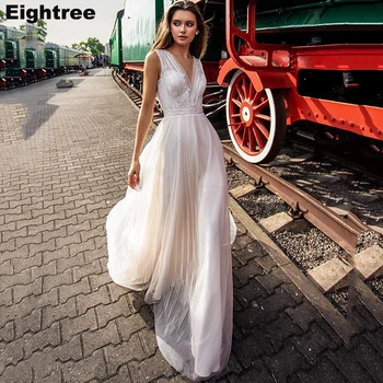 

Eightree Sexy A Line Wedding Dresses Lace Appliques Beading Wedding Gowns V Neck Sleeveless Boho Bride Dress Vestido De Noiva