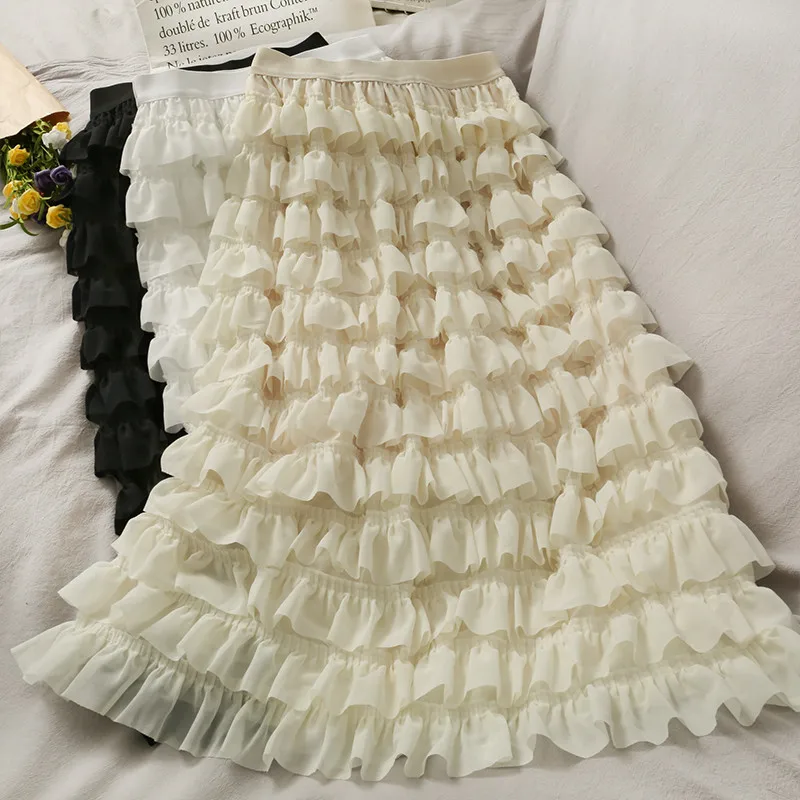 

2022 Spring Summer Elegant Waist Cake Skirts Women Elastic High Waist Ruffle Pleated Skirt Female Long Tutu Ball Gown Skirt Saia