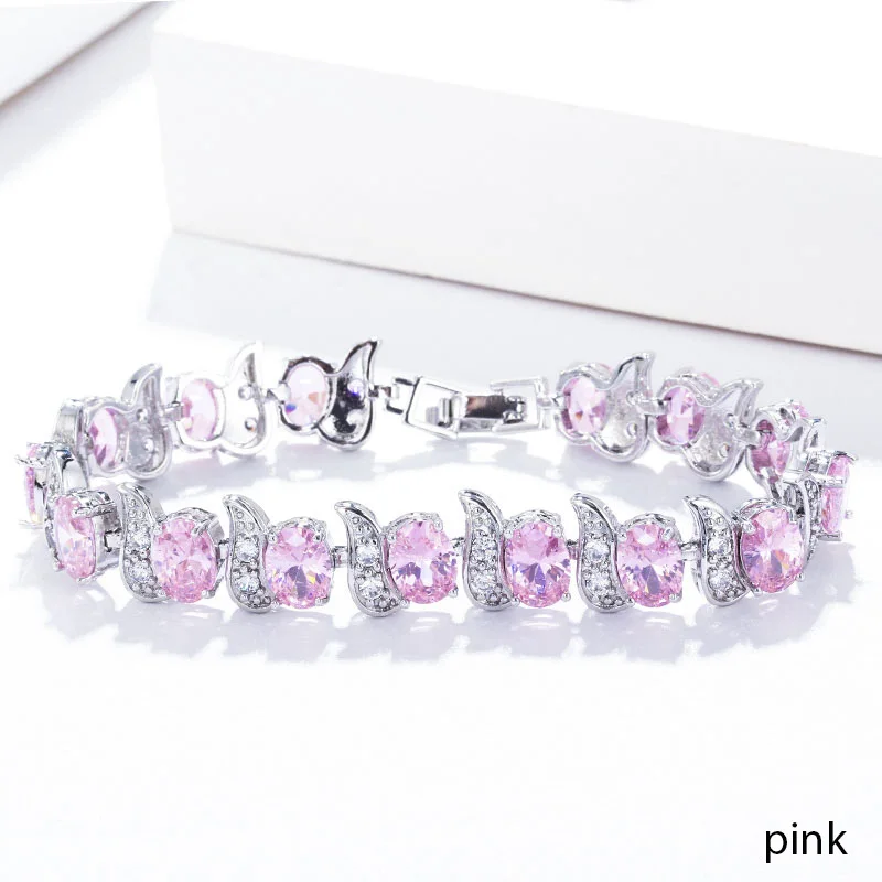 pink Пера Европейский дизайн натуральный голубой кубический циркон хрусталь белый камень 925 пробы Серебряные ювелирные изделия Большой, браслеты с брелоками для женщин, B079 - Окраска металла: pink