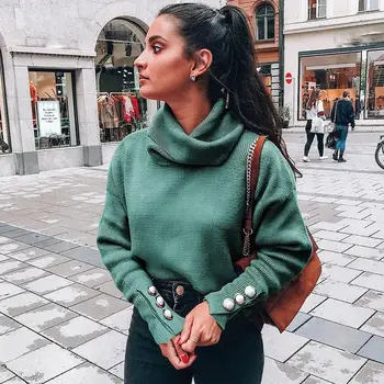 

2019 Women Solid Turtleneck Plus Size Sweater Warm Button Lantern Sleeve Pullovers Jumper Casual Loose Knitted Sweaters