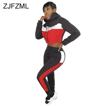 

Color Blocking Plus Size 2 Piece Set Tracksuit Women Hooded Long Sleeve Crop Shirts + Bodycon Long Pants Fall Winter Causal Set