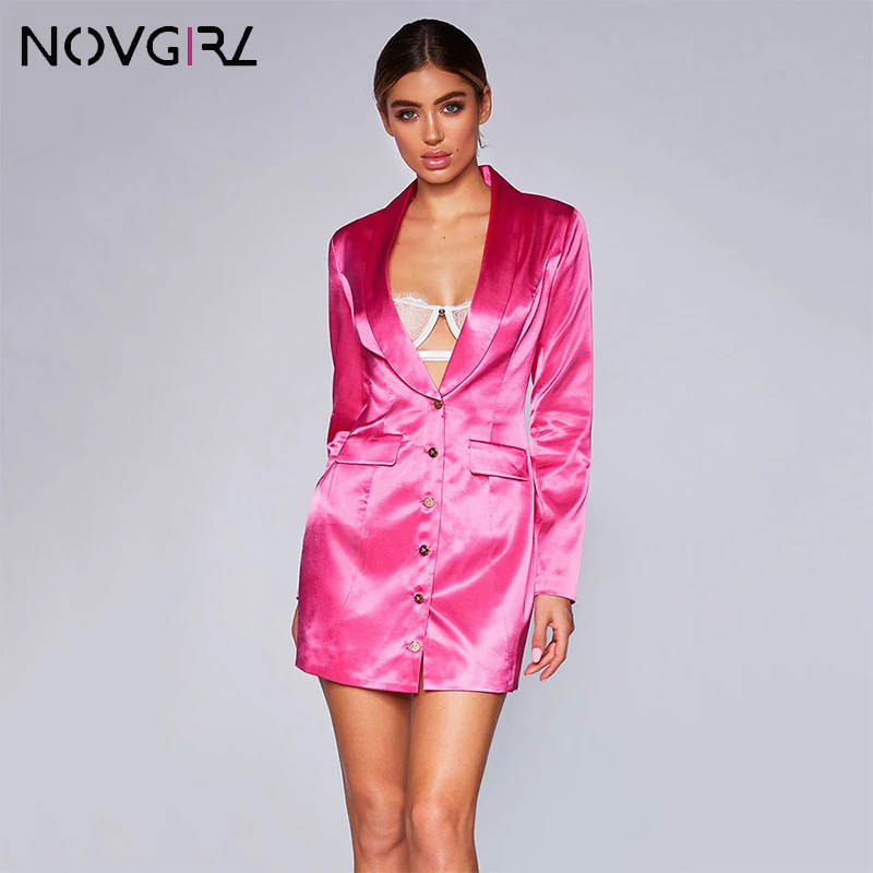Novgirl сексуальное платье с глубоким вырезом, шелковое атласное облегающее платье для женщин,, длинный рукав, на пуговицах, для офиса, для девушек, Блейзер, платье, одежда для работы, платья