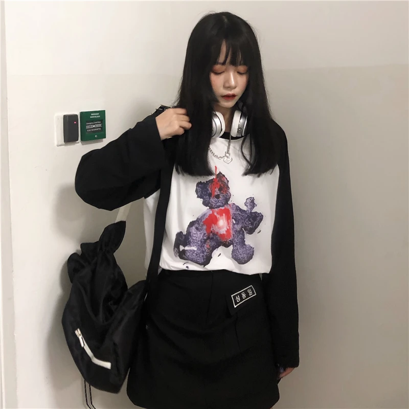 Lychee Harajuku модного цвета, в стиле пэчворк женские футболки с длинными рукавами женские футболки с принтом темного медведя свободная Осенняя женская футболка