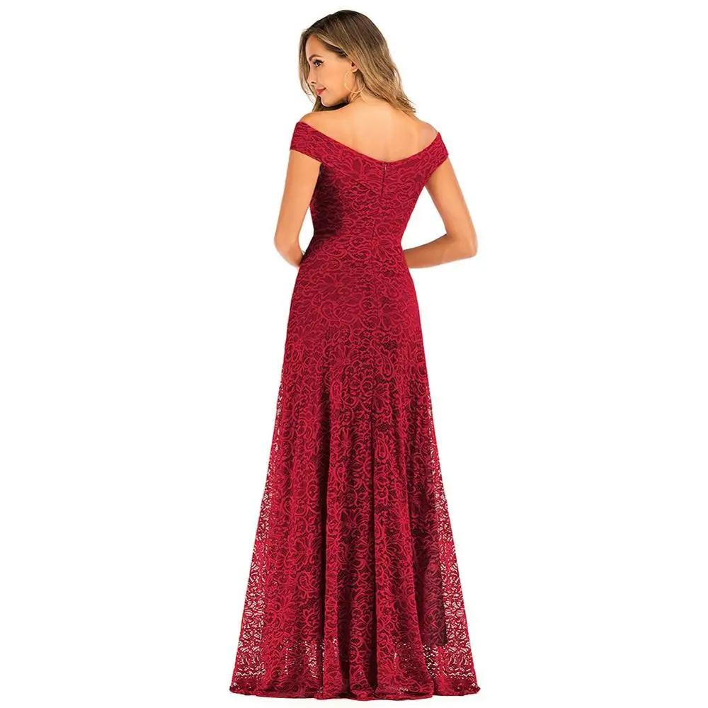 new lady off-shoulder lace sexy long dress women banquet elegant solid slim dress