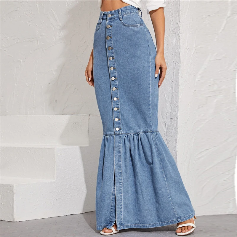 SHEIN, синяя джинсовая юбка макси с пуговицами спереди, рыбий хвост, Женская Осенняя юбка с карманами, высокая талия, вечерние, повседневные, облегающие, облегающие, Юбки Русалки