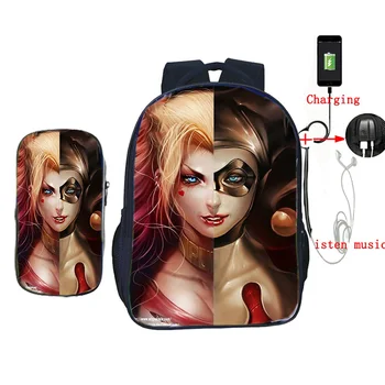 

Suicide Squad Harry Quinn Joker Backpack Women Men 2Pcs/set USB Charge School Laptop Bag for Teens Girls Boys Travel Rucksack