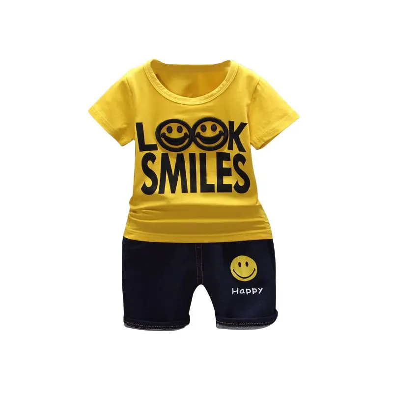Летние очаровательные комплекты для маленьких мальчиков с надписью «Smile»; рубашка с короткими рукавами и принтом; комплект из блузки и шорт; повседневная одежда для детей - Цвет: Цвет: желтый