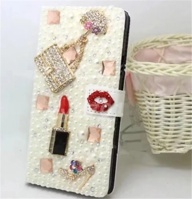 Luxury Bling Handmade Glitter Rhinestone Pearl Leather Flip Wallet Phone Case For iPhone14 11 12 13 Pro MAX XR Xs 7 15 Plus