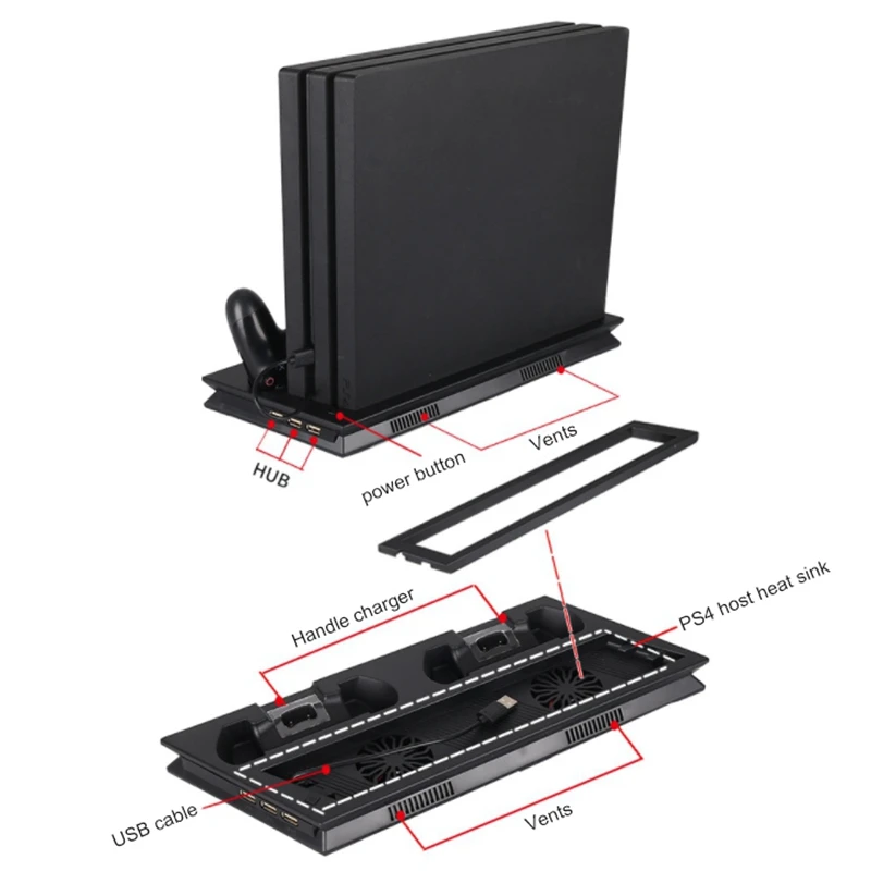Вертикальная подставка с охлаждающим вентилятором для PS4 Slim/Pro/Обычная Playstation 4, зарядное устройство для геймпада, зарядная док-станция с 3 портами USB Hu