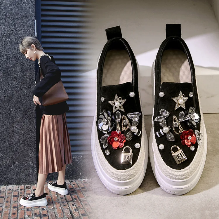 

2018 New Style Autumn Slip-on WOMEN'S Shoes Platform Thick Bottomed Korean-style Versatile Sheepskin Man-made Diamond Casual Sho
