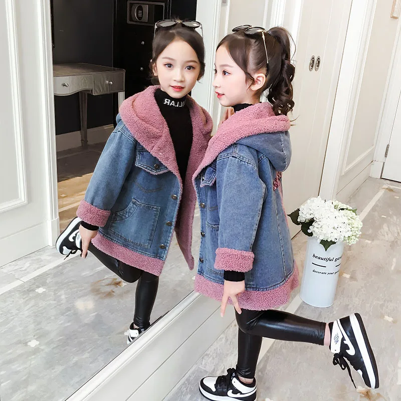 Новое пальто с мехом на весну для детей 4, 7, 8, 10, 12 лет, Детская куртка для девочек, детская одежда с рисунком медведя, Толстая теплая джинсовая куртка для детей-подростков