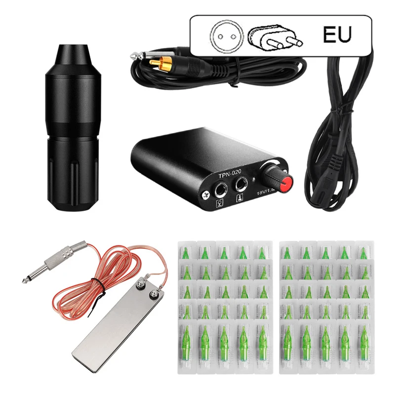 EU Plug Набор для татуировки профессиональная ручка для татуировки набор насадка для татуировочной машины Смешанная игла тату Электропитание покрытие рукоятки машинки для татуажа чернильные колпачки - Цвет: EU Plug