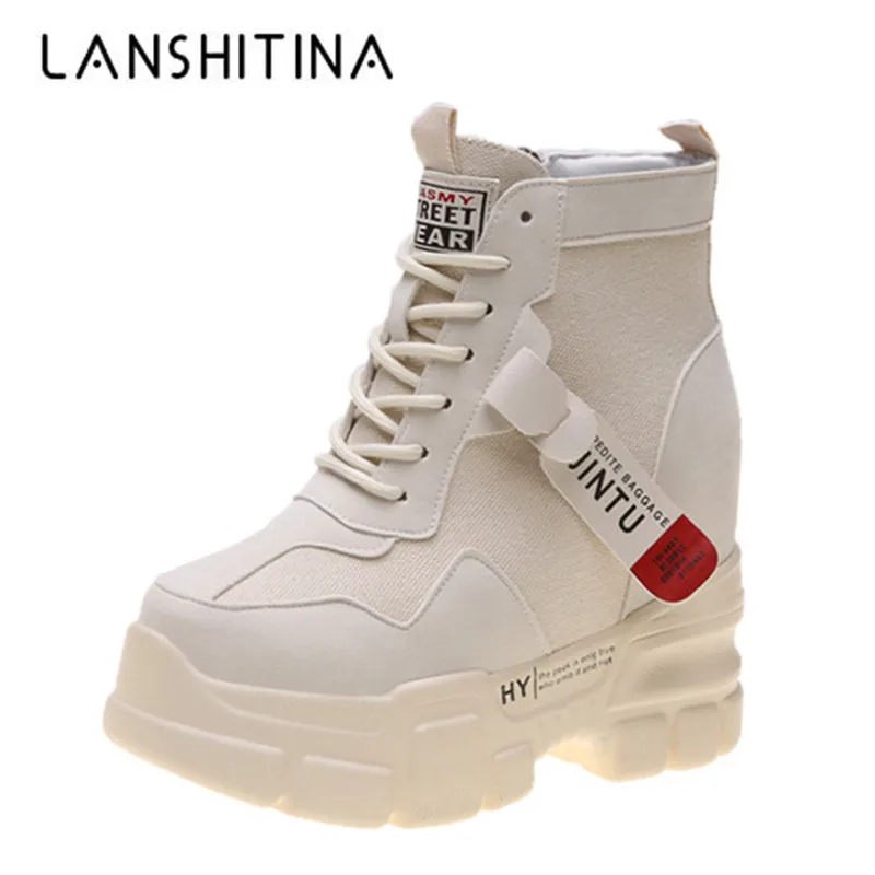 

Women Ankle Boots 2019 Autumn Breathable Canvas High Top Sneakers 10CM Heels Chunky Platform Boots Winter Thick Sole Casual Boot