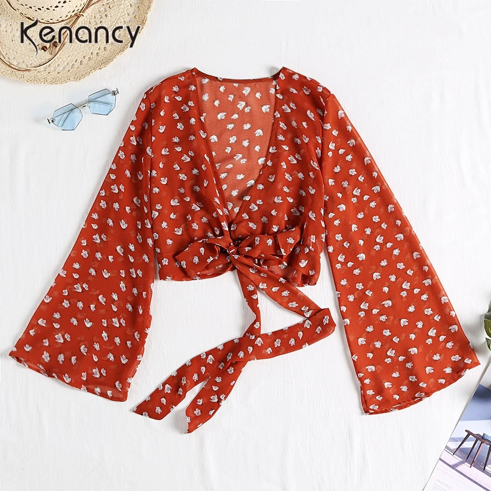 

Kenancy Floral Print Women Wrap Blouse Sexy V-Neck Long Sleeve Bell Sleeve Crop Tops Shirt Spring Women'S Casual Shirts Blusas