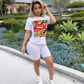 

Women Summer Fitness Jogging Suit Fashion Round Neck Short Sleeve Printed Top Elastic Waist Shorts 2Pcs Casual Leisure Wear D30