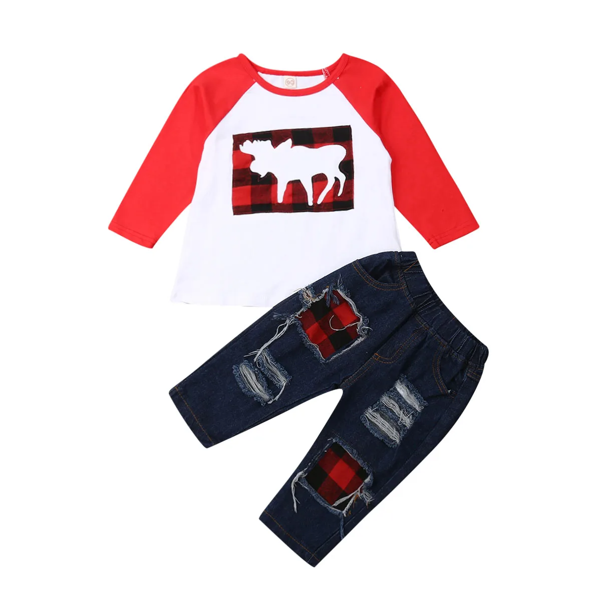 Новинка года, Рождественская одежда топы с оленями для новорожденных мальчиков, футболка с длинными рукавами длинные джинсовые штаны с дырками Рождественский комплект одежды