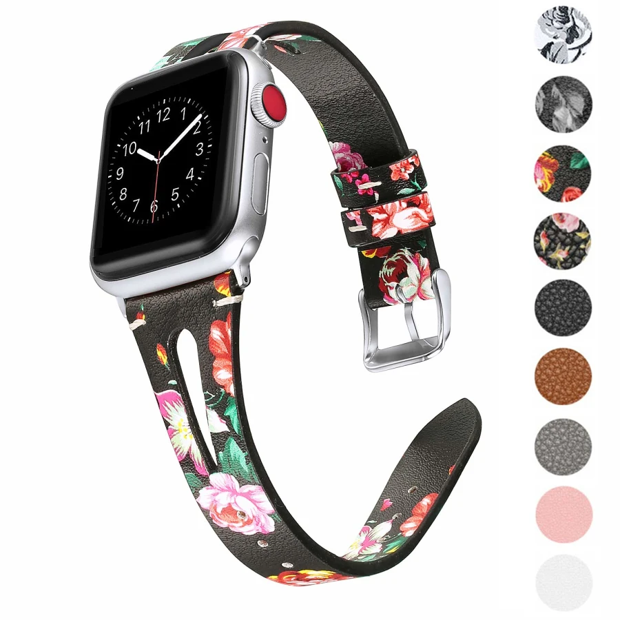 Кожаный ремешок с цветочным принтом для Apple Watch Series 4 3 2 1 браслет ремешок для iWatch 4 38 мм 42 мм 40 мм 44 мм наручный ремень